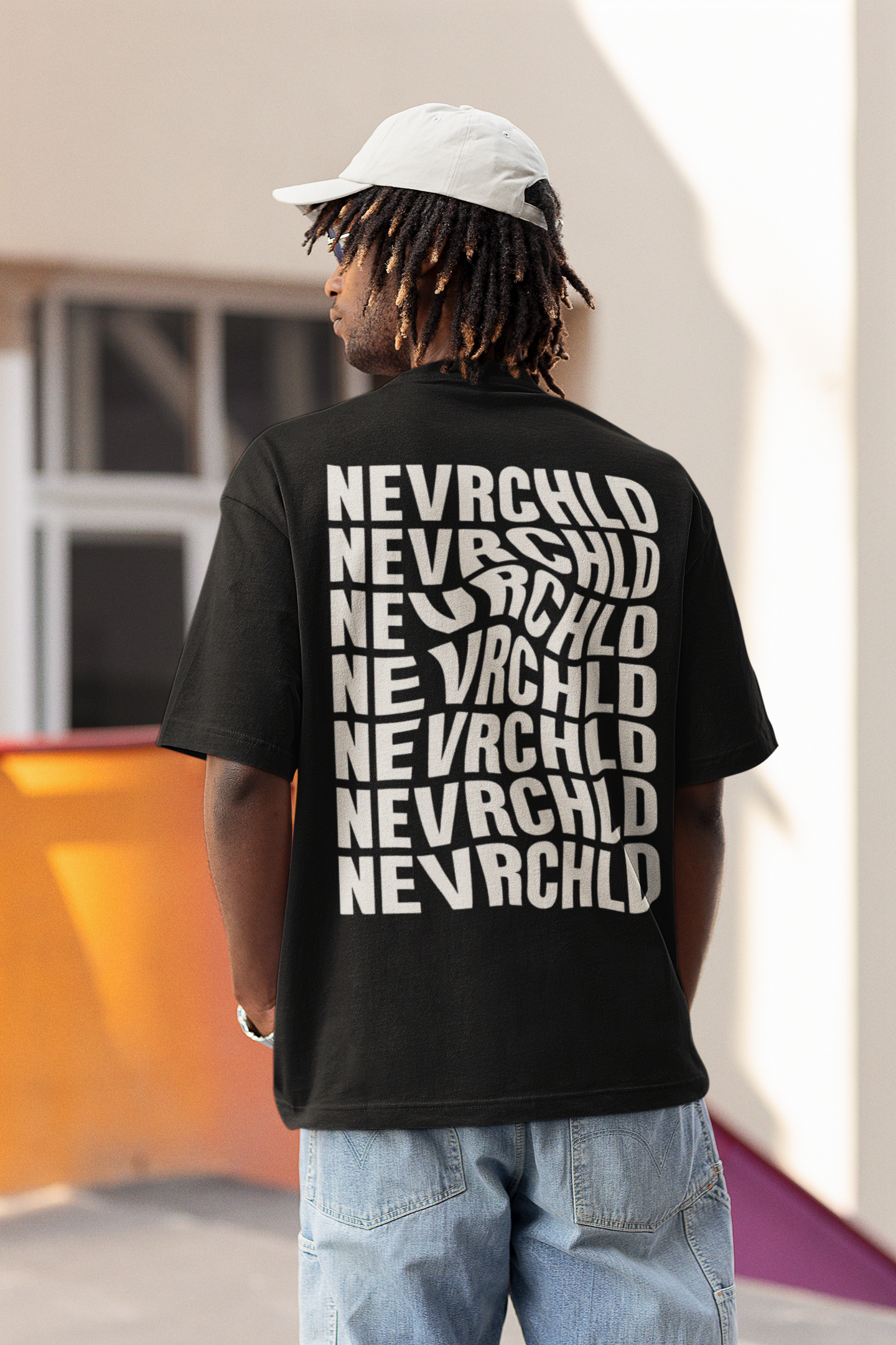 NEVRCHLD Oversized Graphic Tee – Stacked Logo Streetwear for Gen Z
